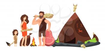 Cartoon caveman family. Prehistoric neanderthal hunters and kids. Ancient homo sapiens vector illustration. Family neanderthal, barbarian cavewoman