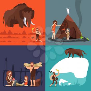 Stone age concepts. Prehistoric ancient human and tools. Primitive man in cave vector cartoon set. Illustration of prehistoric primitive caveman, ancient spear, hunting neanderthal