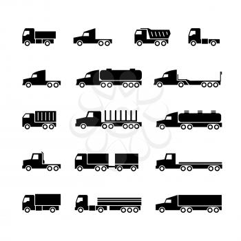 Truck silhouette icons. Shipping, cargo trukcs, dumpers and van. Transportation vector symbols. Transport trailer, van lorry, vehicle truck illustration