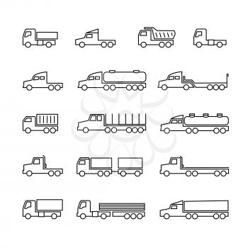 Truck line icons. Delivery trailers, cargo trukcs, dumpers and van. Transportation vector outline isolated symbols. Vehicle van, dumper lorry for cargo freight illustration