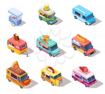 Isometric street food trucks and carts. Selling hot dogs and coffee, pizza and snacks. 3d isolated vector set. Illustration of market truck, street cart, ice cream and pizza