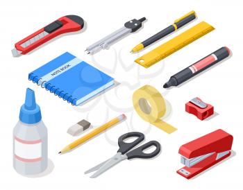 Isometric office tools. School stationery and supplies. Vector 3d icons. Illustration of ruler and compass, rubber and sharpener, knife and stapler