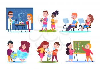 Kids in lessons. School children learning geography and chemistry, biology and math. Cartoon vector characters set. School education and learning, teaching discipline illustration