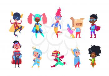Kids superheroes. Cartoon superhero children. Boys and girls in carnival mask vector characters set. Superhero in cape, carnival childhood illustration