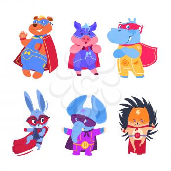 Superhero animals. Baby superheroes vector characters set. Illustration of animal protector and savior, hedgehog elephant and bear