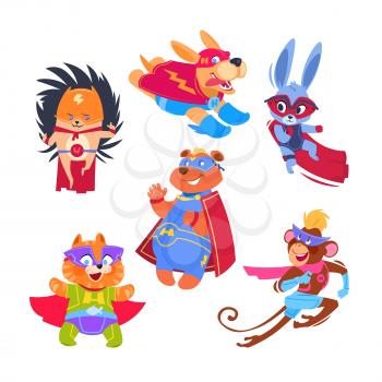 Superhero animal kids. Funny animals wearing superheroes costumes. Cosplay vector characters set. Illustration of protector and savior, hedgehog rabbit and monkey
