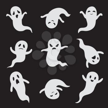 Ghost. Halloween ghostly faces. Spooky monster vector isolated icons. Ghost white face, spooky and scary illustration