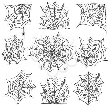 Spiderweb. Spooky cobweb and web corners with spider. Halloween vector icons isolated on white background. Spooky corner for halloween, scary spider silhouette illustration