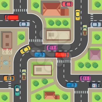 Seamless city map. Top view building and street with cars and trucks. Urban plan vector endless texture. Road and building architecture, street transport seamless illustration
