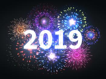 Fireworks explosion. Happy new year 2019 event banner. Pyrotechnics sparks. Festive firework celebration vector background. New year holiday, celebration firework, celebrate party with pyrotechnics