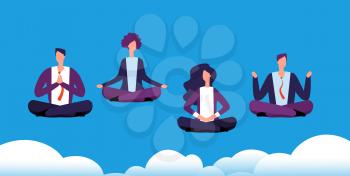 Meditation yoga group. Business team relaxing and meditating in lotus pose. Office workers avoid stress. Vector concept meditation businessman, illustration cartoon relax worker