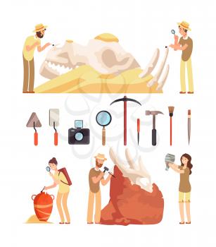 Archaeology work. Paleontologist discover historic artifacts. Archaeologist works with archaeologic tools. Vector characters set of people archaeologica professor and instruments illustration