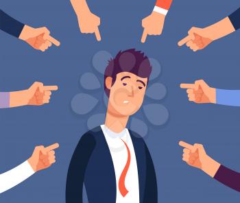 Bullying at work concept. Adult man get harassment by angry coworkers. Accus at office vector illustration. Victim person worker, stress on job, failure and unhappy
