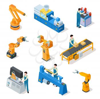 Industrial robots. Isometric machines, assembly line elemets and robotic arms with workers. 3d manufacturing technologies vector set. Robot mechanical automation, machine production illustration