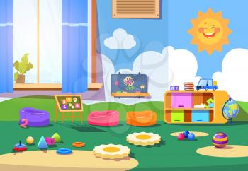 Kindergarten room. Empty playschool room with toys and furniture. Kids playroom cartoon vector interior. Playschool kindergarten, furniture indoor interior for play illustration