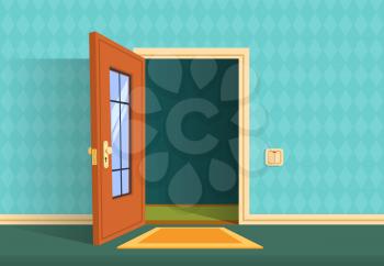 Cartoon open door. Apartment hallway entrance, office lobby. Home entry corridor vector background. Illustration of entrance and entry, exit door home