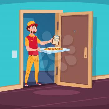 Food delivery concept. Cartoon guy deliver with pizza in home doorway. Vector illustration. Delivery pizza food, fast deliver courier