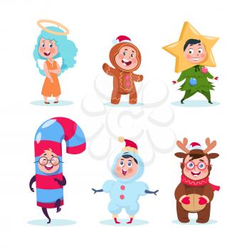 Kids in christmas costumes. Funny children celebrating xmas and winter holidays. Cartoon christmas vector characters set isolated. Cartoon christmas costume for party celebration illustration