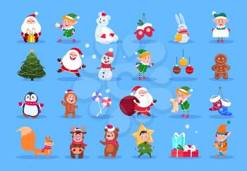 Winter characters. Cartoon santa, elves and winter christmas animals, snowman and kids. Winter christmas holiday vector set. Character christmas, santa and animal, xmas deer and gift illustration