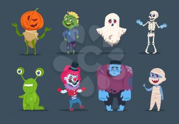 Halloween characters. Cute monsters and kids dressing in halloween costumes. Vector isolated set evil pumpkin, horror mummy and ghost illustration