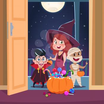 Halloween trick or treat background. Kids in halloween costumes with candies in doorway. Spooky october holliday vector concept. Illustration of holiday celebration, zombie and mummy