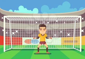 Soccer goalkeeper keeping goal on arena vector illustration. Defense player football