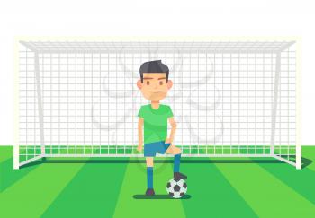 Soccer goalkeeper keeping goal on arena vector illustration. Cartoon goalkeeper with ball