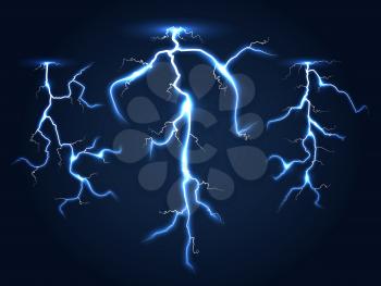 Realistic vector lightnings set dark night sky. Electric power storm illustration