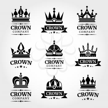 Royal vector crown logo templates set in black and white. Set of emblems with crowns illustration