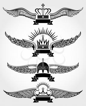Vector winged crowns and ribbons royal logo templates set in black white illustration