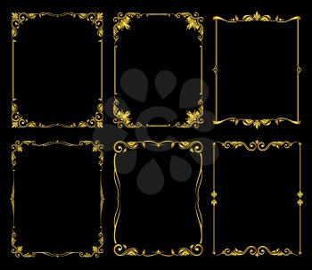 Ornate golden vector frames set over black background. Decoration frame design illustration