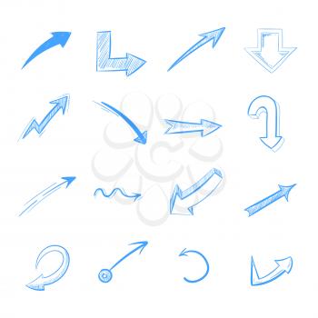 Pen drawing arrows vector set isolated on white. Curve arrow blue, illustration of hand draw different arrows