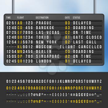 Airport flip arrivals information scoreboard vector mockup. Display with information flight and destination, illustration of info scoreboard