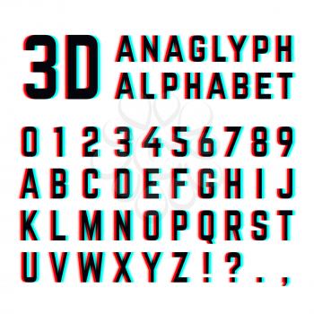 Tv distortion 3D effect stereoscopic, anaglyph alphabet and numbers. English alphabet with distortion, illustration of design alphabet with diffuse effect
