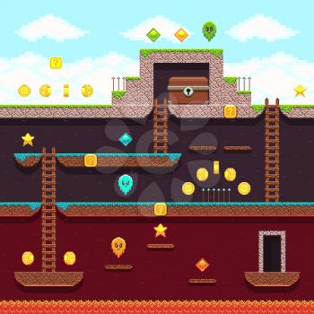 Computer 8 bit pixel video game. Platform and arcade game vector design. Game with layer and stairs illustration