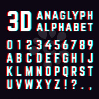 Stereoscopic distortion, 3d anaglyph font alphabet letters. Alphabet distorted digital. Vector illustration