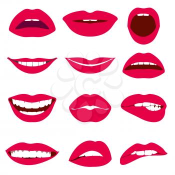 Woman lips expression vector icons set. Female mouth, with red lips illustration