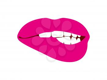 Woman biting her lip vector illustration white. Female mouth sensual