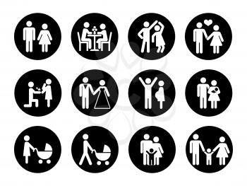 Family vector icons set in black and white. Love family, male and female with child illustration