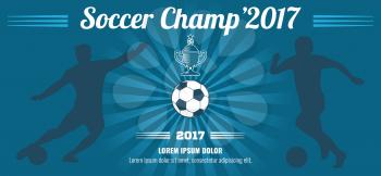 Blue horizontal football, soccer vector poster template. Sport banner illustration