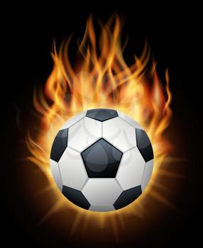 Realistic burning soccer ball isolated black vector. Sport football ball illustration