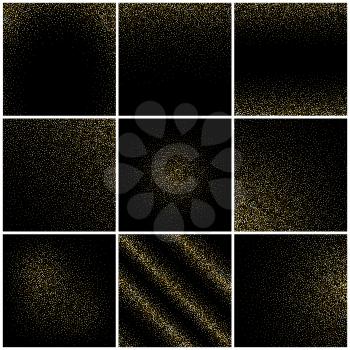 Golden grain textures, gold confetti rain on black, gold glitter festive backgrounds vector set. Golden sand on black, illustration of glitter sands