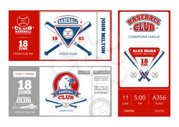 Baseball sports ticket vector design with vintage baseball team emblems. Template of baseball tickets championship illustration