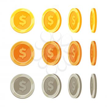 Cartoon golden coins in different positions, gold coin flip vector set. Golden and silver coins isolated, illustration of animation bronze coin