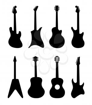 Guitar vector silhouettes. Rock, acoustic, electric guitars. Black silhouette of rock guitar, illustration of music string guitars