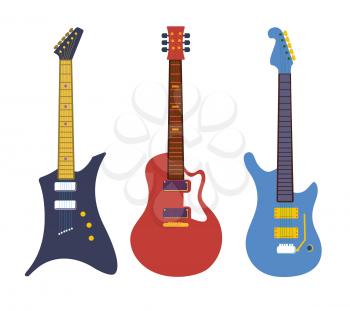 Vintage bass electric rock guitars, string instruments flat vector set. Collection of rock guitars, illustration of electric equipment musical guitar