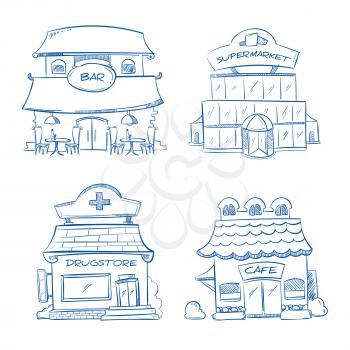 Doodle building facade of shop, bar, cafe, mall, pharmacy. Hand drawn vector illustration. Building facade drugstore and bar, sketch of facade supermarket and cafe