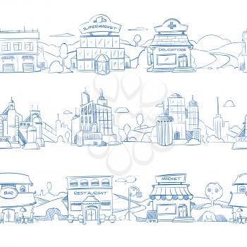 City retail buildings, store, supermarket and restaurant in hand drawn line doodle style. Seamless street with bar and drugstore, illustration of sketch city street