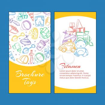Vector children brochure pages with doodle kids toys. Brochure toys, illustration of page booklet with toys teddy and car