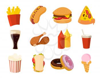 Cartoon fast food, burger, drink, chicken tacos, salad, hotdog vector set. Collection of fast food pizza and hamburger, illustration of food sandwich and donut